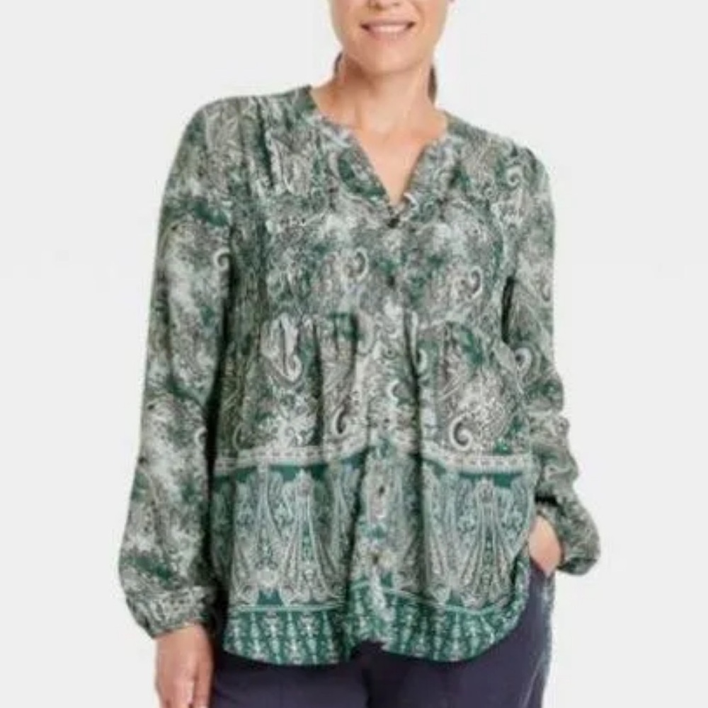 Knox Rose Green Buttoned Tiered Blouse with Mandarin Collar